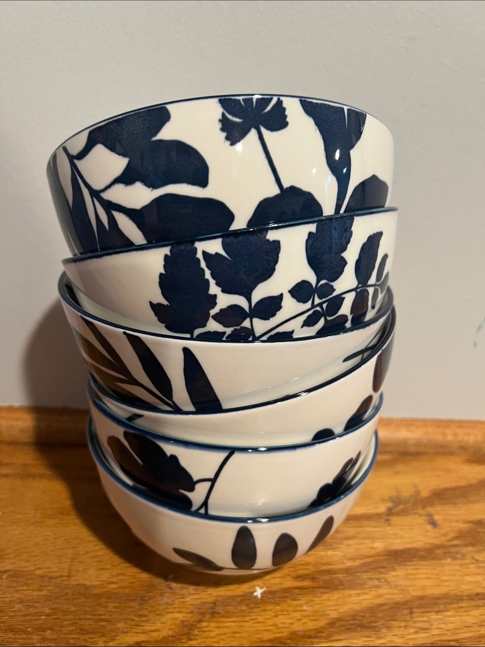 Arbor White Stoneware Bowl Set with Blue Botanical Design - 6 Pieces